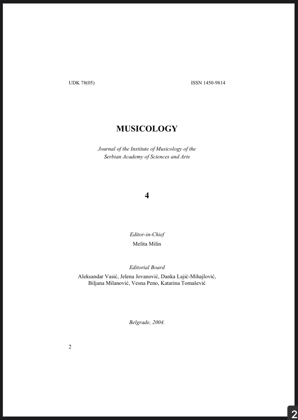 First page/impresum of Musicology No. 4